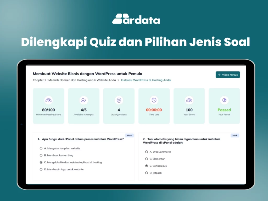 Sistem E-learning LMS Ardata Dilengkapi Quiz dan Berbagai Jenis Soal