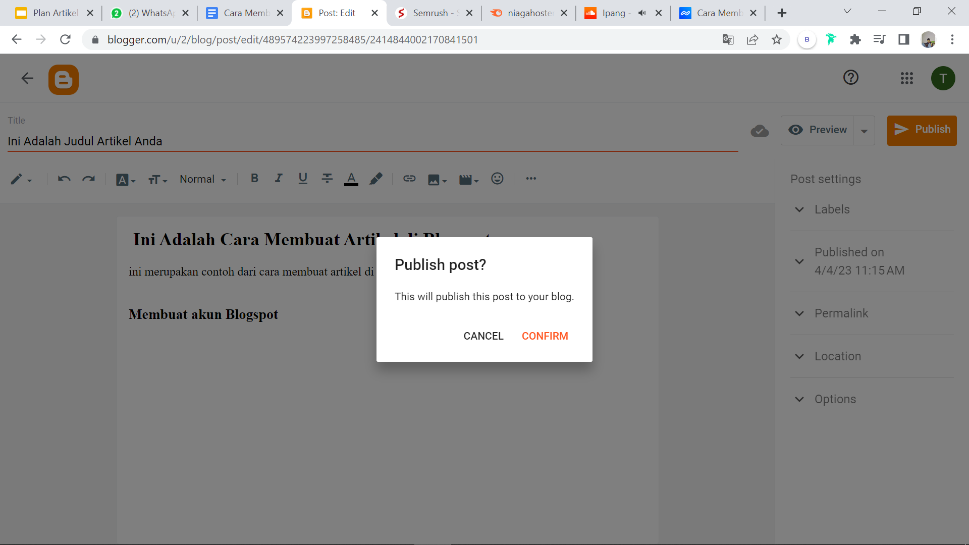 Cara Membuat Website 2023 - Publish Post pada Blogspot