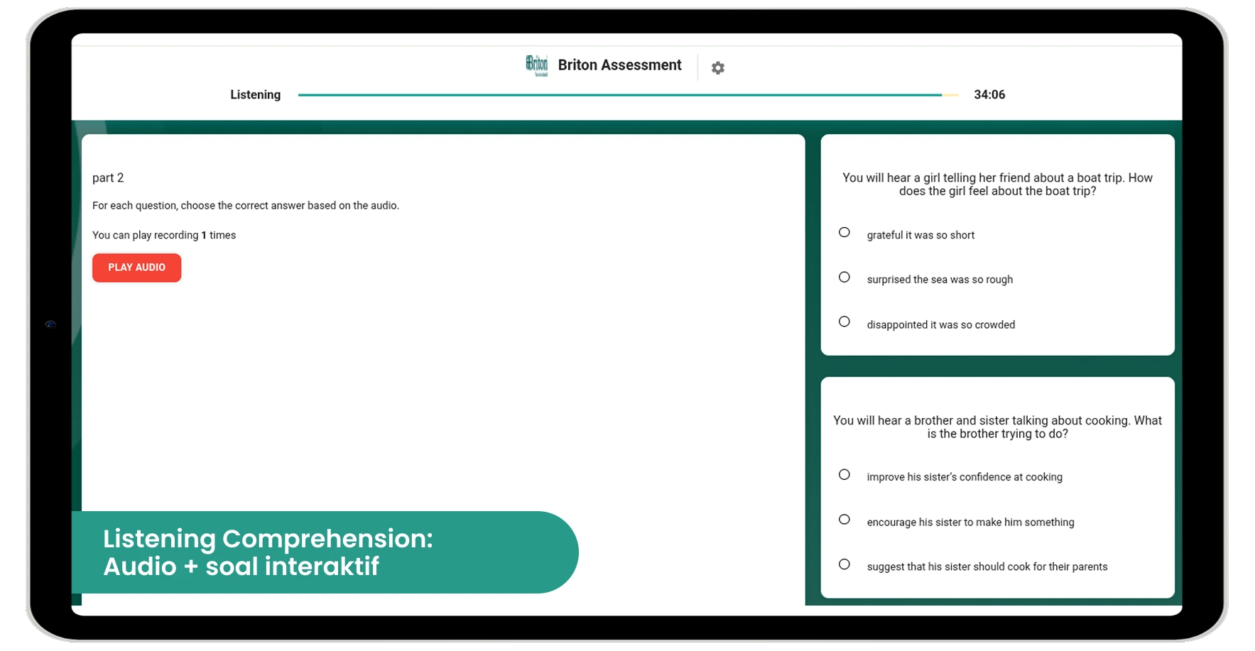 fitur Listening Comprehension sistem tes bahasa inggris ardata