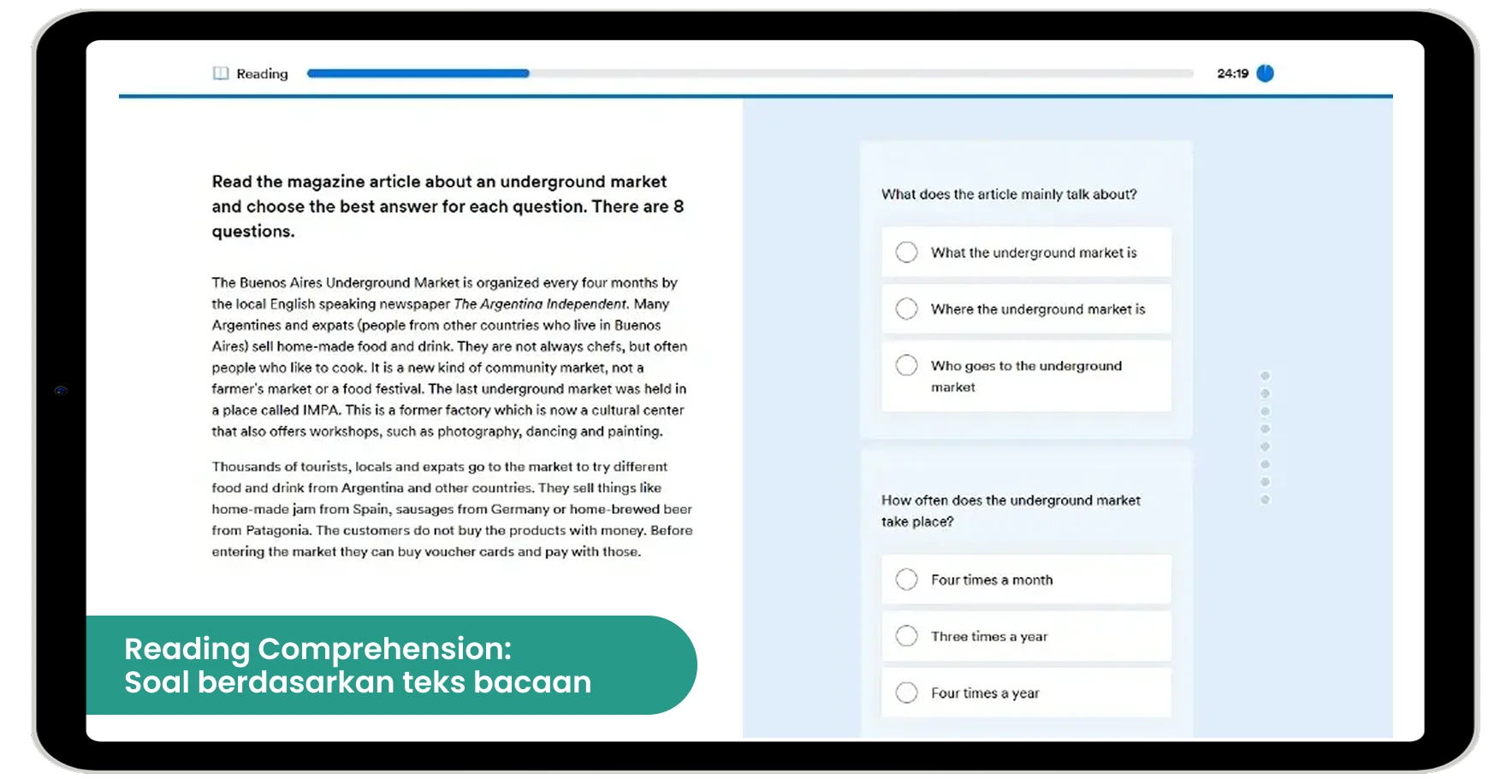 fitur Reading Comprehension sistem tes bahasa inggris ardata media