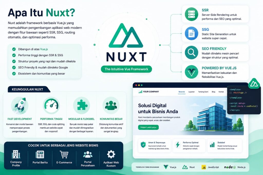 Nuxt framework berbasis vue.js untuk pengembangan website bisnis