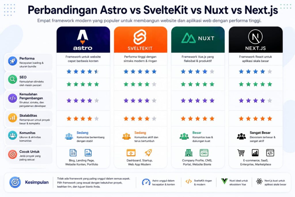 Perbandingan Astro SvelteKit Nuxt dan Next.js untuk website bisnis
