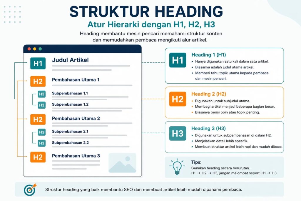 Infografis struktur heading h1 h2 dan h3 dalam artikel