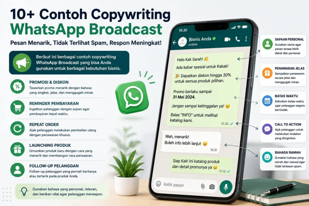contoh copywriting WhatsApass Broadcast untuk promo, reminder, dan repeat order
