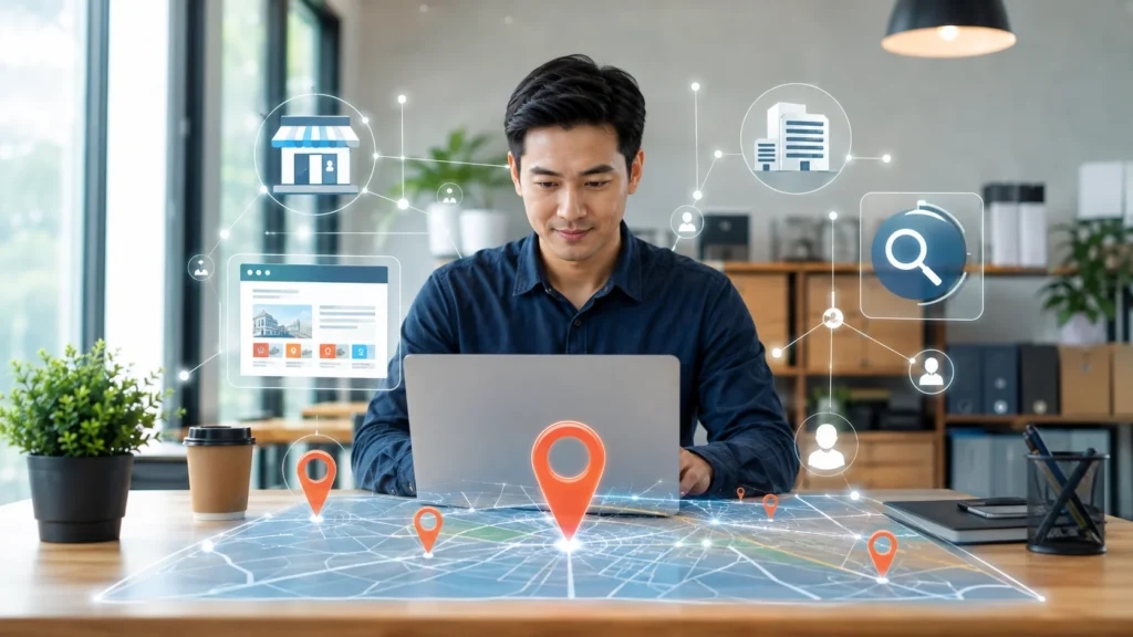 pemilik bisnis mencari jasa lokal melalui internet
