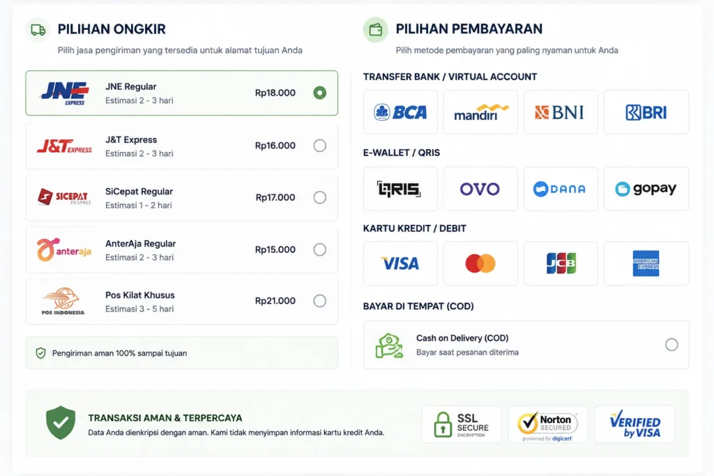 Pilihan ongkir dan metode pembayaran pada checkout
