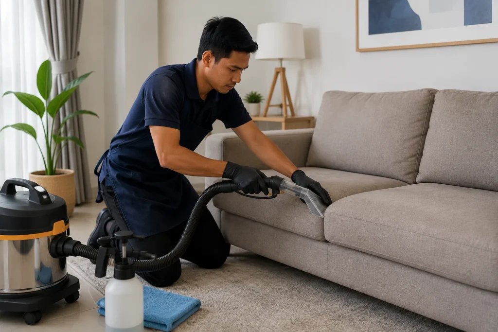 proses membersihkan sofa menggunakan alat profesional