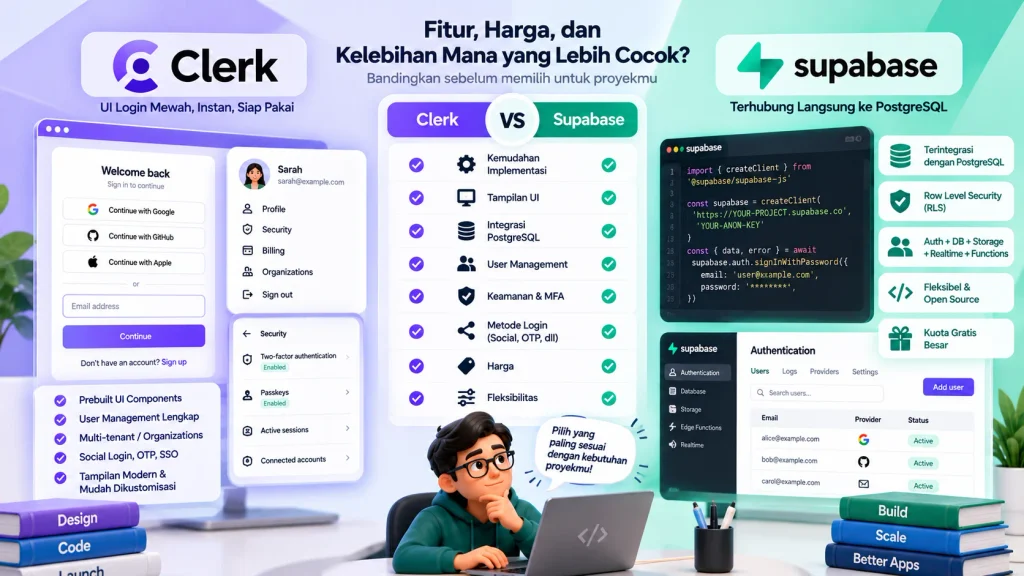 Perbandingan fitur harga dan kelebihan Clerk vs Supabase Auth