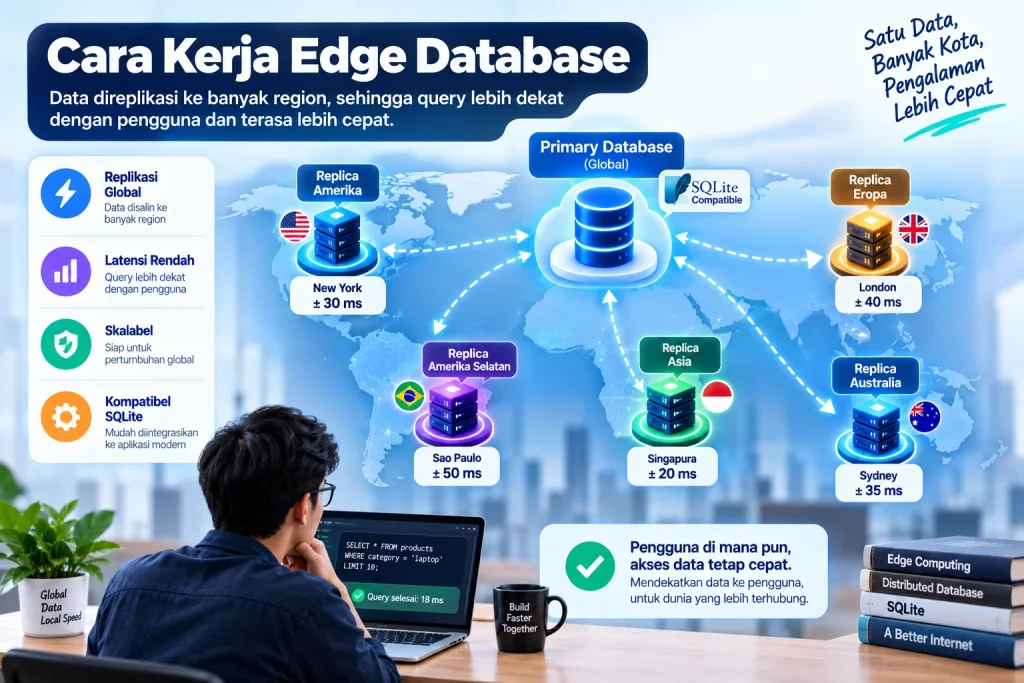 Cara kerja Edge Database dengan replikasi database ke berbagai region