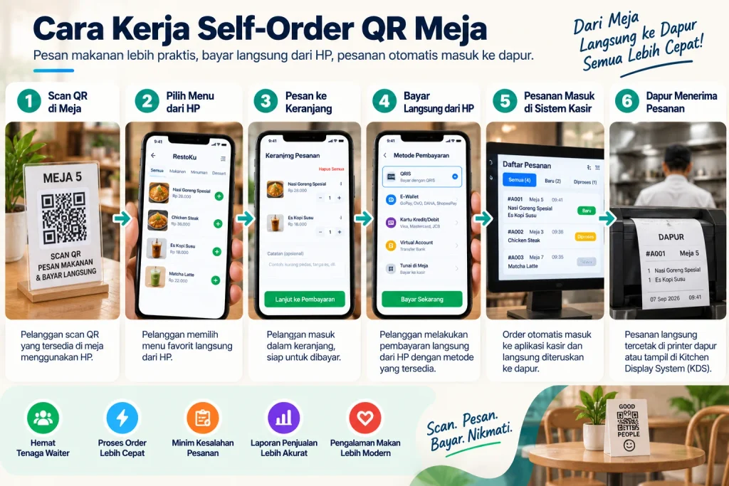 ara kerja self-order QR meja dari scan menu hingga pesanan masuk dapur