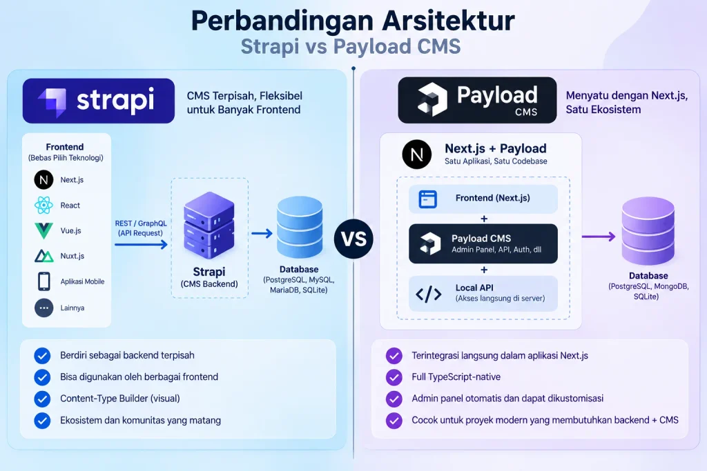Perbandingan arsitektur Strapi vs Payload CMS dengan Next.js