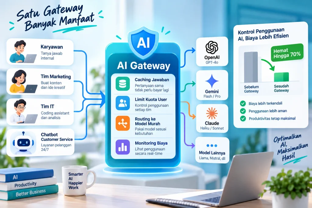 Cara kerja AI Gateway untuk caching limit kuota dan routing model AI murah