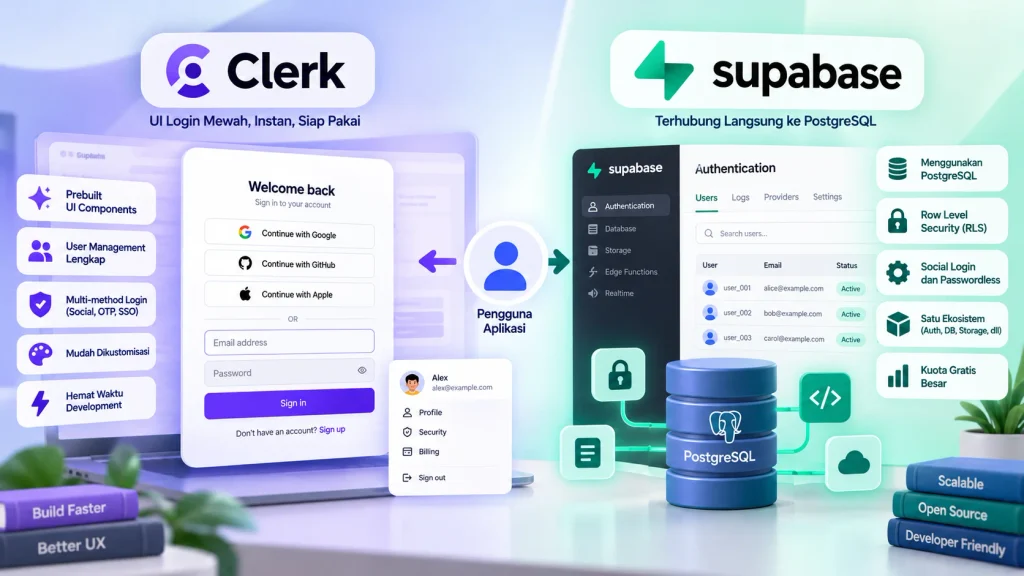 Perbandingan fitur login Clerk dan Supabase Auth dengan PostgreSQL
