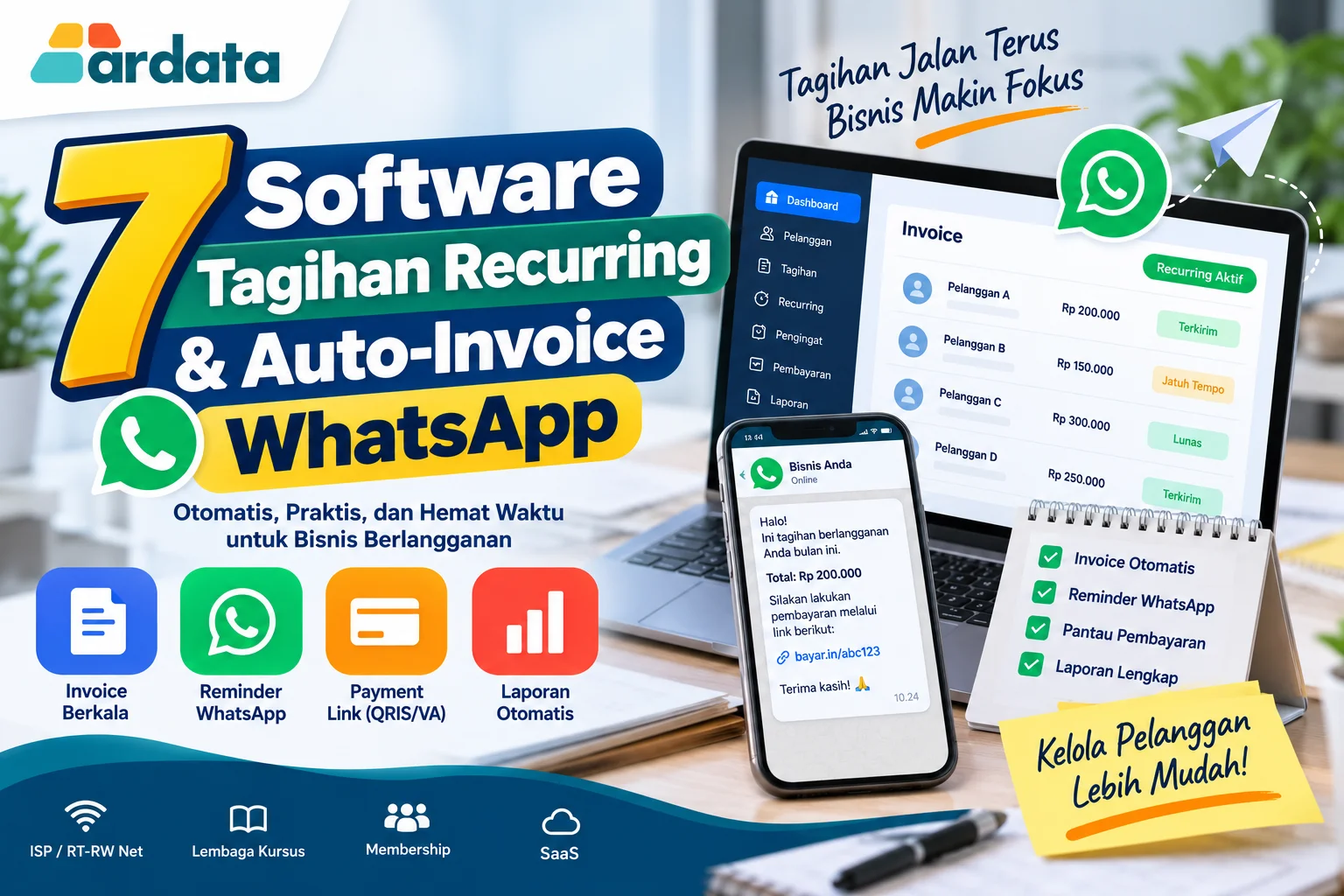 7 software tagihan recurring dan auto-invoice WhatsApp untuk bisnis berlangganan, ISP, kursus, dan SaaS