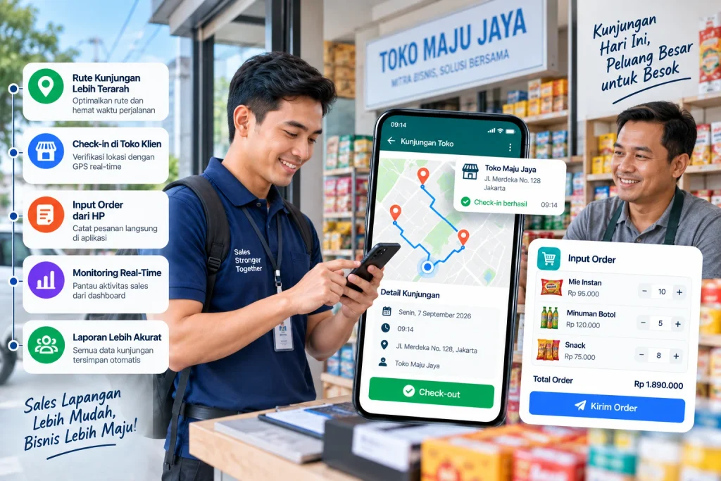 Aplikasi CRM sales lapangan untuk GPS check-in dan input order dari HP