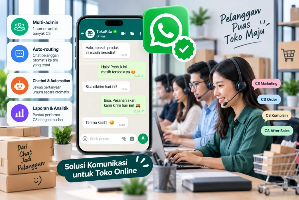 WhatsApp API multi-admin dan auto-routing untuk customer service toko online