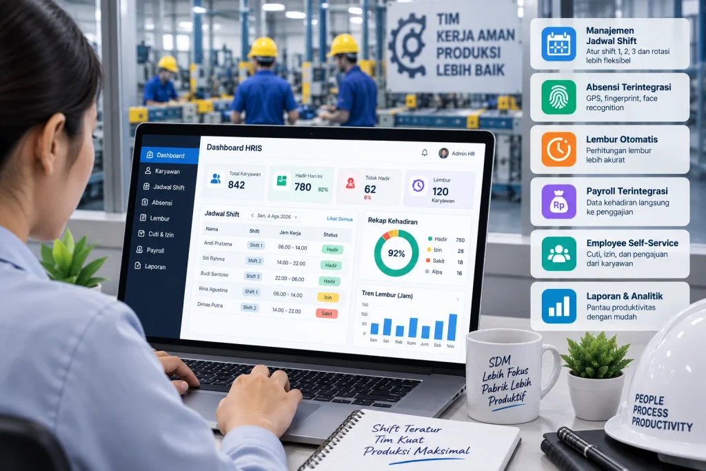 Dashboard HRIS pabrik untuk mengelola jadwal shift, absensi, lembur, dan payroll karyawan