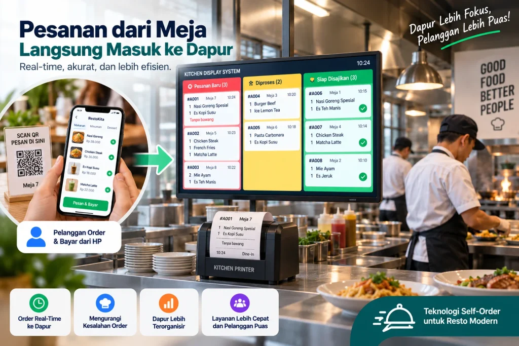 Sistem self-order QR restoran terintegrasi kitchen display dan printer dapur