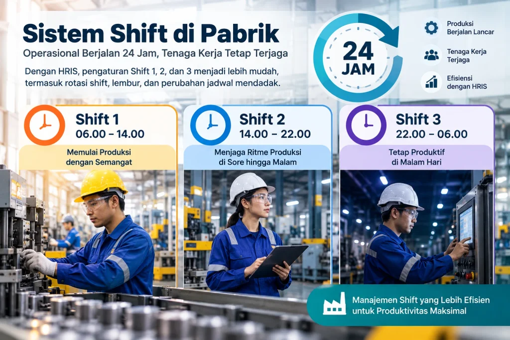 Sistem Shift 1, Shift 2, dan Shift 3 untuk operasional pabrik 24 jam menggunakan HRIS